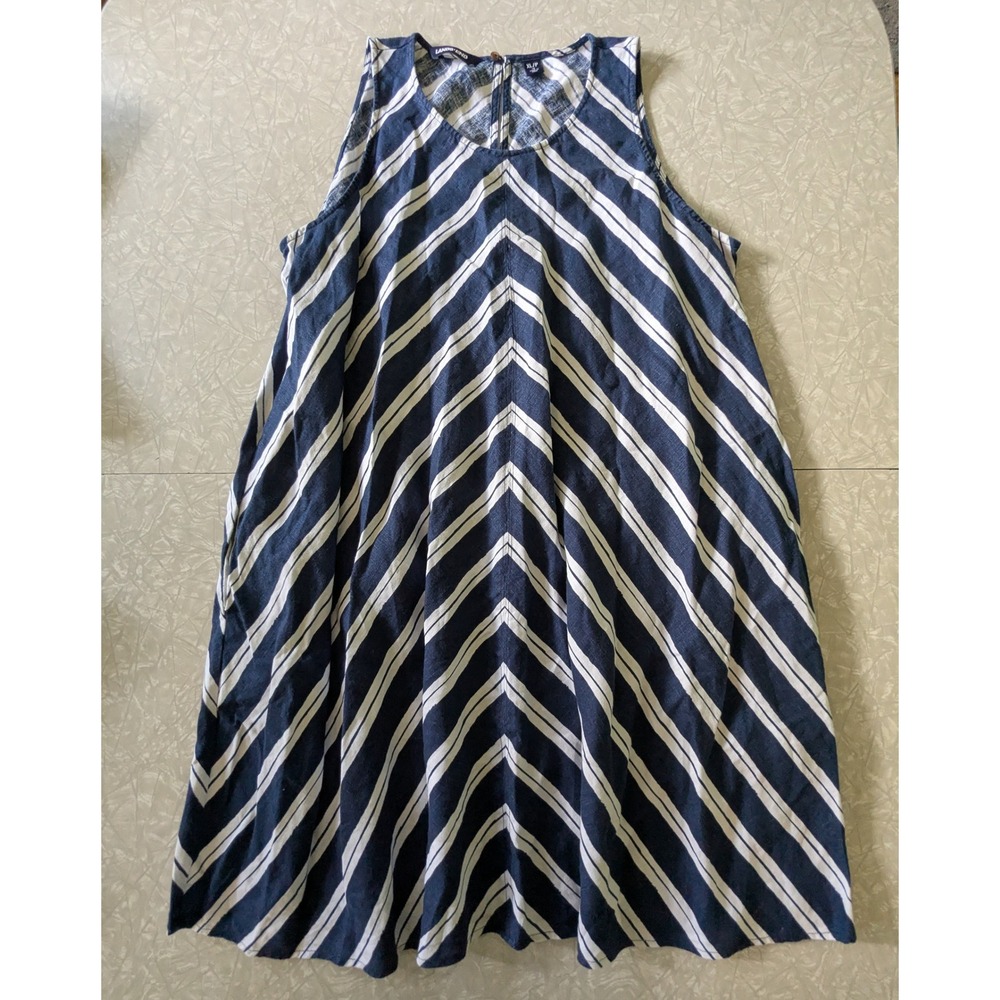 Lands End XL Navy Blue White Striped Linen Sleeveless Shift Dress Coastal Beach